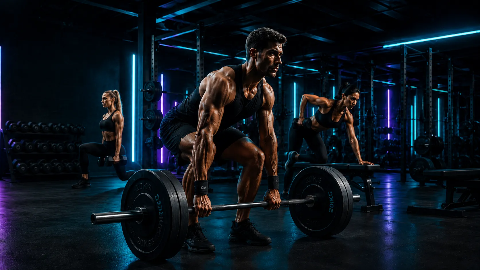 Athletes training with weights in a gym