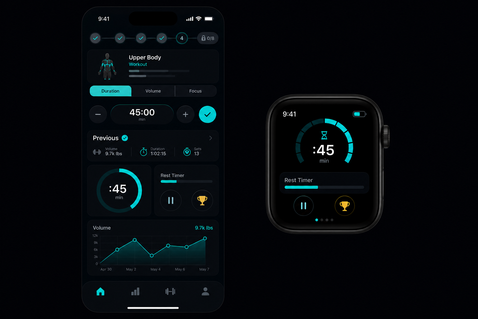 SuperFlex app dashboard on iPhone alongside Apple Watch companion app