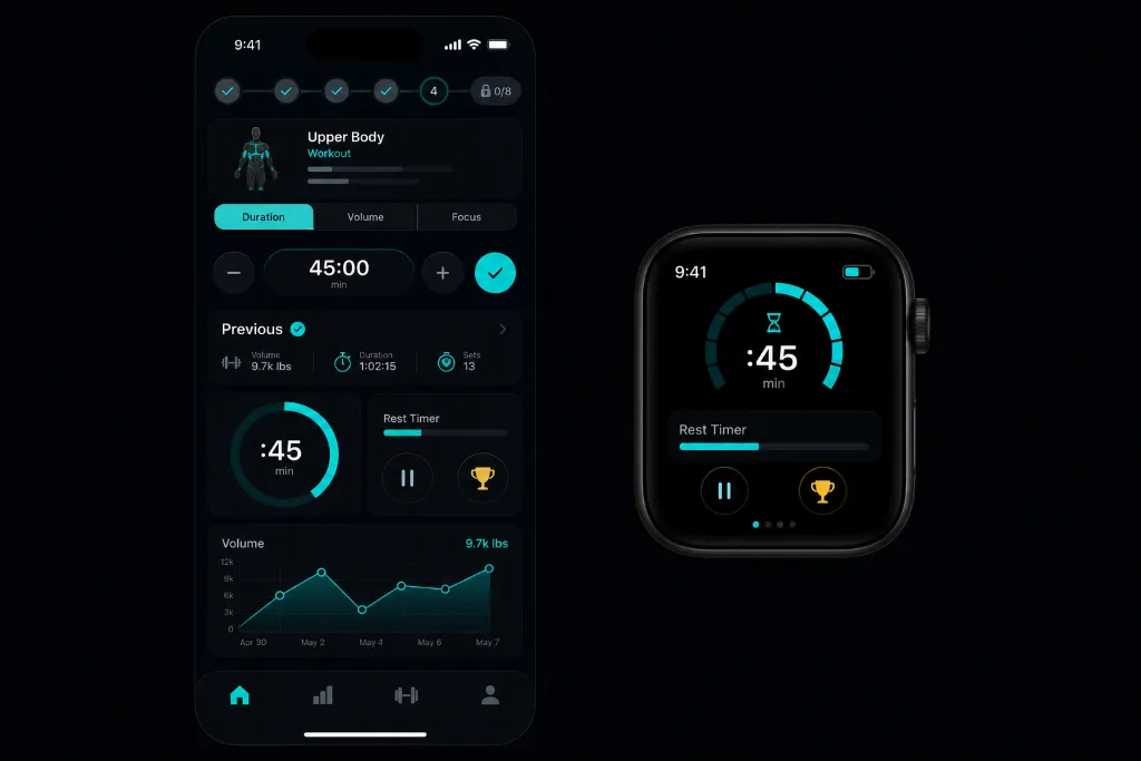 SuperFlex app dashboard on iPhone alongside Apple Watch companion app