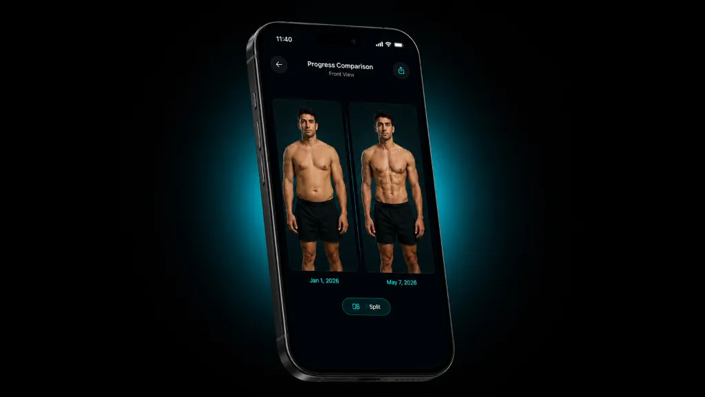 SuperFlex app showing before and after progress photo comparison side by side