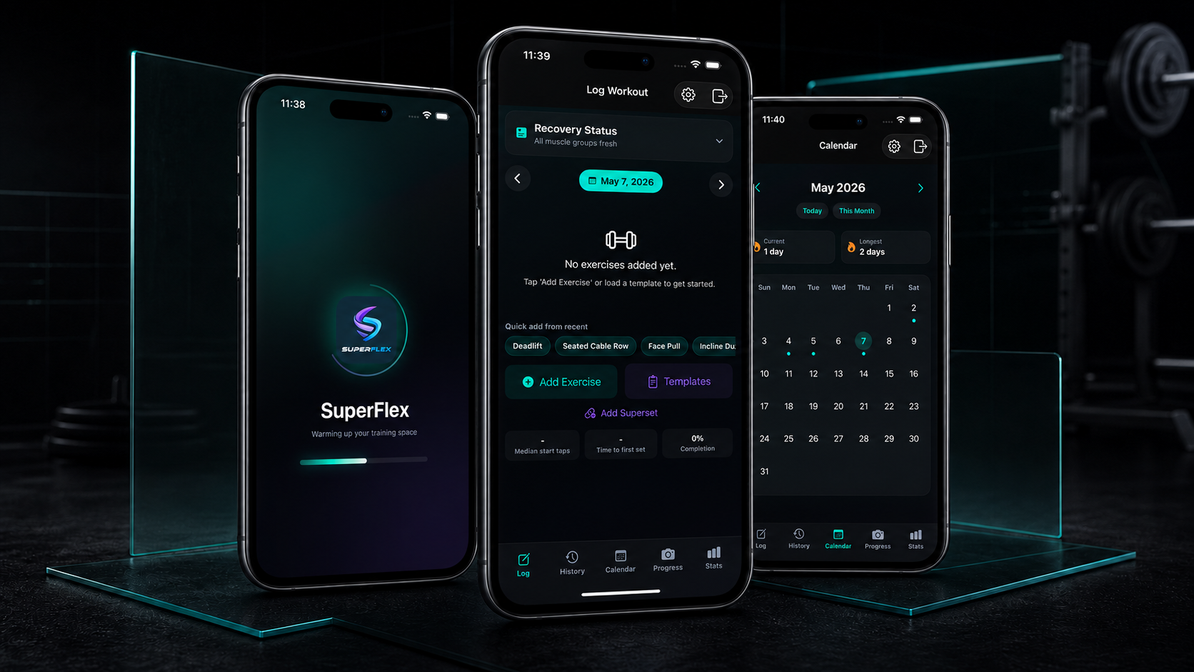 SuperFlex app screens showing recovery status and calendar views