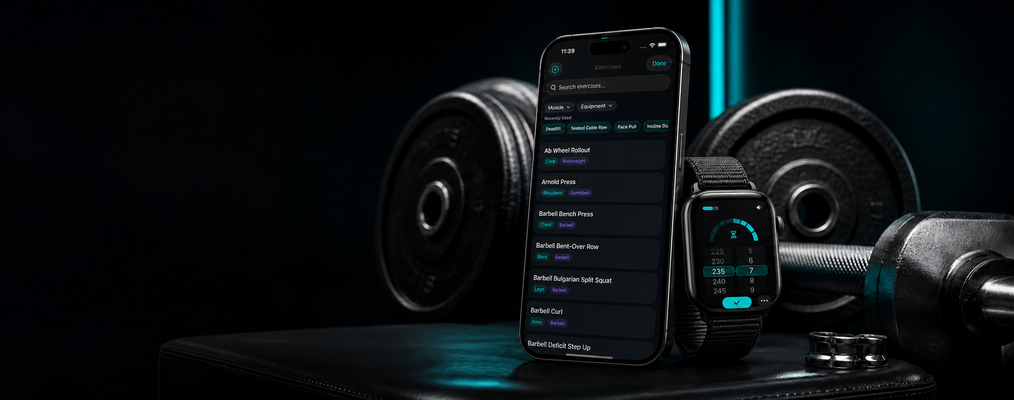SuperFlex iPhone and Apple Watch app shown on gym equipment