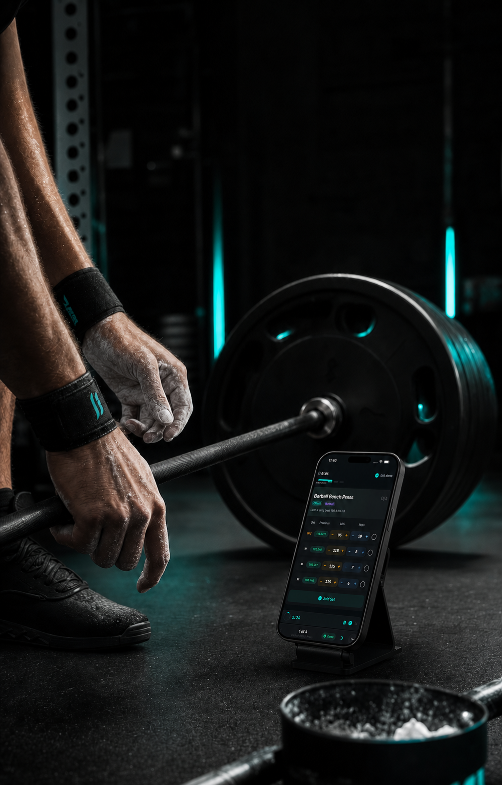 SuperFlex workout tracker app on iPhone in a gym setting